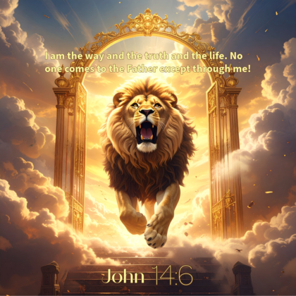 a lion roaoring in front of an open golden gate leading to Heaven.