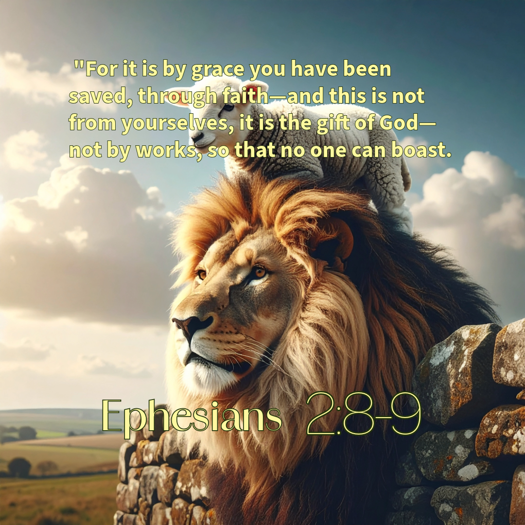 A lamb standing on the back of a lion to get over a wall