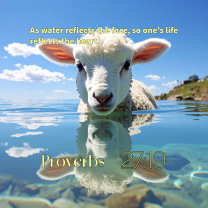 A lamb seeing thier reflection in crystal clear water