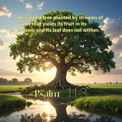 A mighty tree with flourishing leaves and branches planted by water